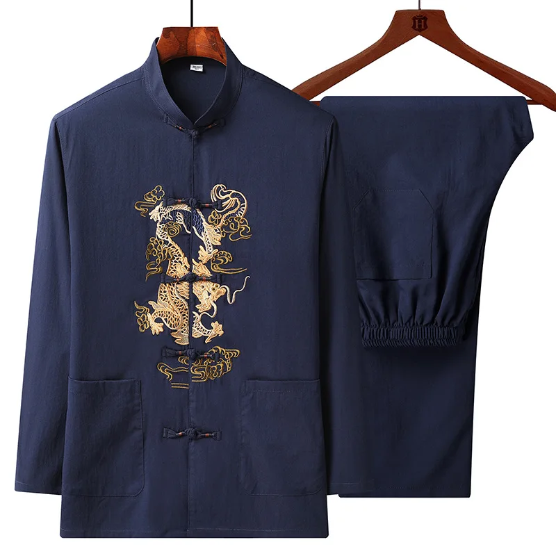 Čínsky štýl vyšívaný draka Tang Suit Hanfu Retro plus veľkosť mužov Orientálne oblečenie Summer bavlnená bielizeň
