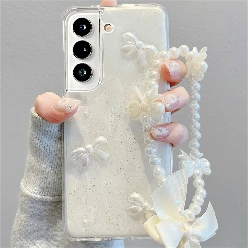 Číry epoxidový luk Pearl Bracelet Puzdet pre puzdro pre Samsung S24 S23 S22 N20 Ultra Plus S20FE A54 A53 A52 A50 A53 A34 A33 A33 A14 5G Kryt