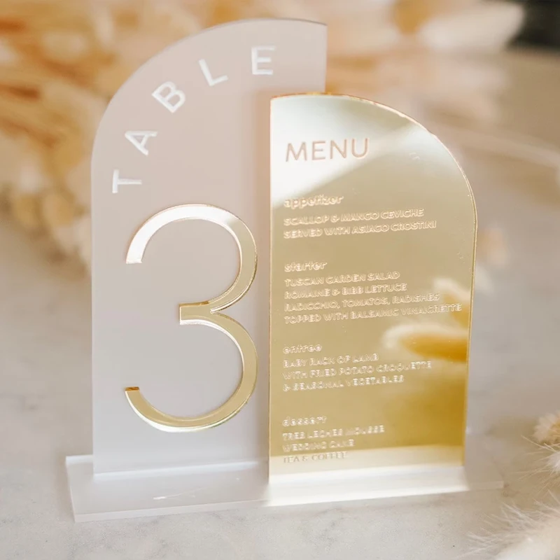 Čísla tabuliek s menu Svadobné akrylové stolové čísla Svadobné menu znamenie moderný svadobný znak klenutý zlatý stôl dekor