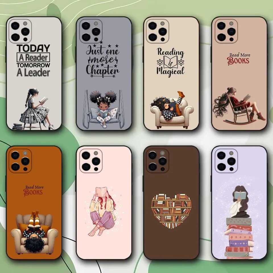 Čítajte knihy dievčenské ilustrácie Pase telefónu pre iPhone 15,14,13,12,11, Pro, X, XS, Max, XR, Plus, Mini Soft Black Cover