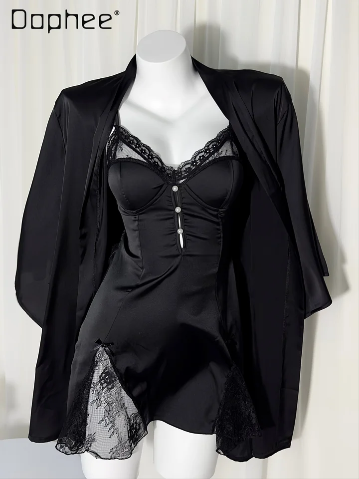 Ľadové hodvábne sexy sklp nočné košele čipky štíhle backless a line krátke nočné dresy s hrebeňovými súpravami Vidieť cez župan