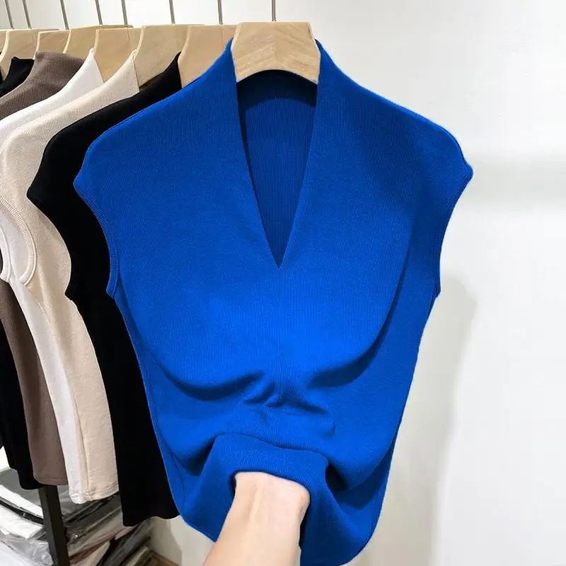 Ľadový hodvábny pletací sveter Krátke rukáve Dámske letné letné v krku bez rukávov pevné kancelária tenké tričká Tops Elegantné vintage odev