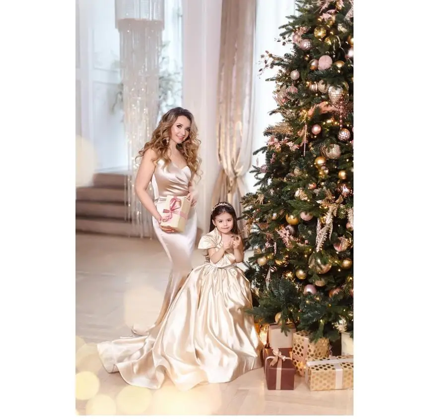 Ľahké šampanské šaty Matka a dcéra pre photoshoot mama a dievčatá zodpovedajúce šaty na narodeniny alebo formálne podujatie