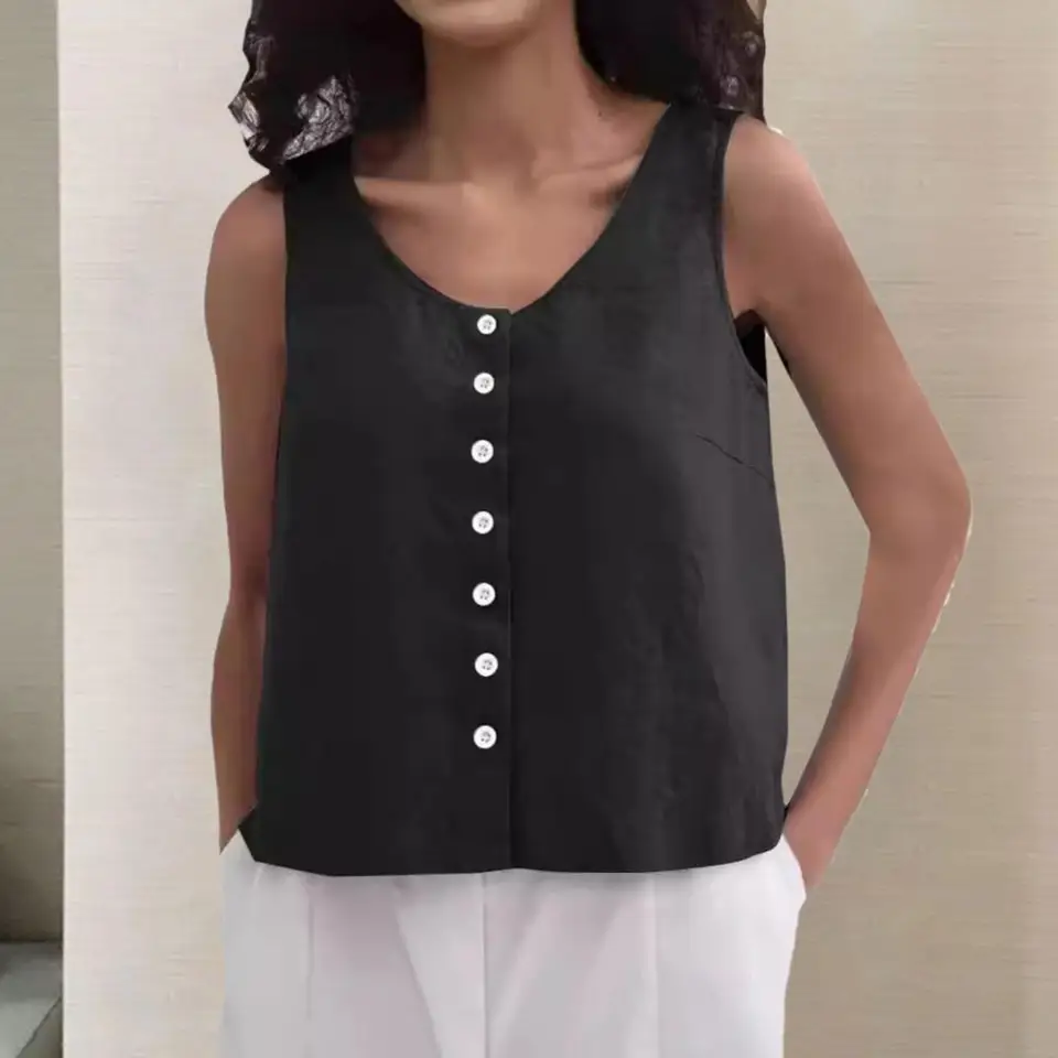 Ľanová látka Dámska špičková štýlová dámska dámska rukáv bez rukávov Touch Tops Loose Fit Fit Button Design Design pre letnú letnú vestu Streetwear