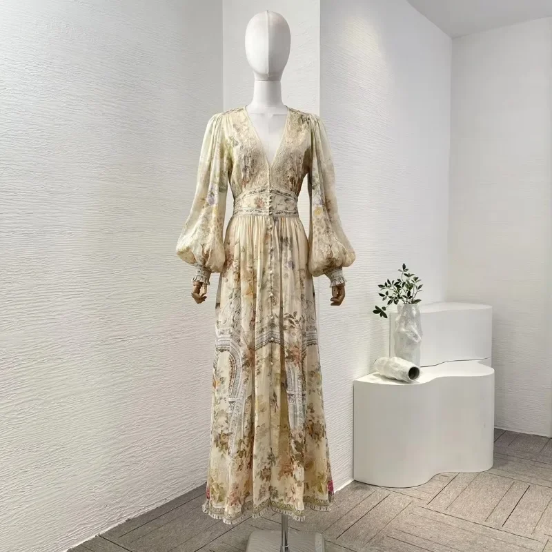 Ľanové hodváb 2024 Gala atraktívne elegantné elegantné dlhé lampa rukávom čipky Lace Patchwork Deep V-krstné diamanty Dámske midi plesové šaty
