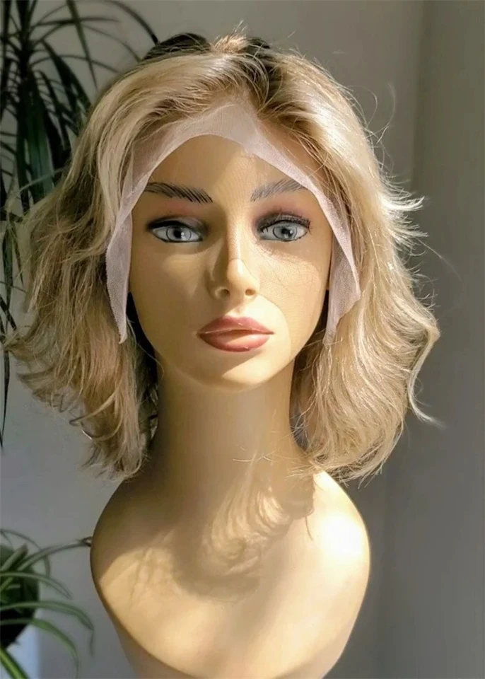 Ľudské vlasové čipky predné parochňové parochňu Krátka vlnitá bobová parochňa pre ženy blondínky Highlights Glueless HD 13x6 Lace predná parochňa vopred vytrhnutá stredná časť