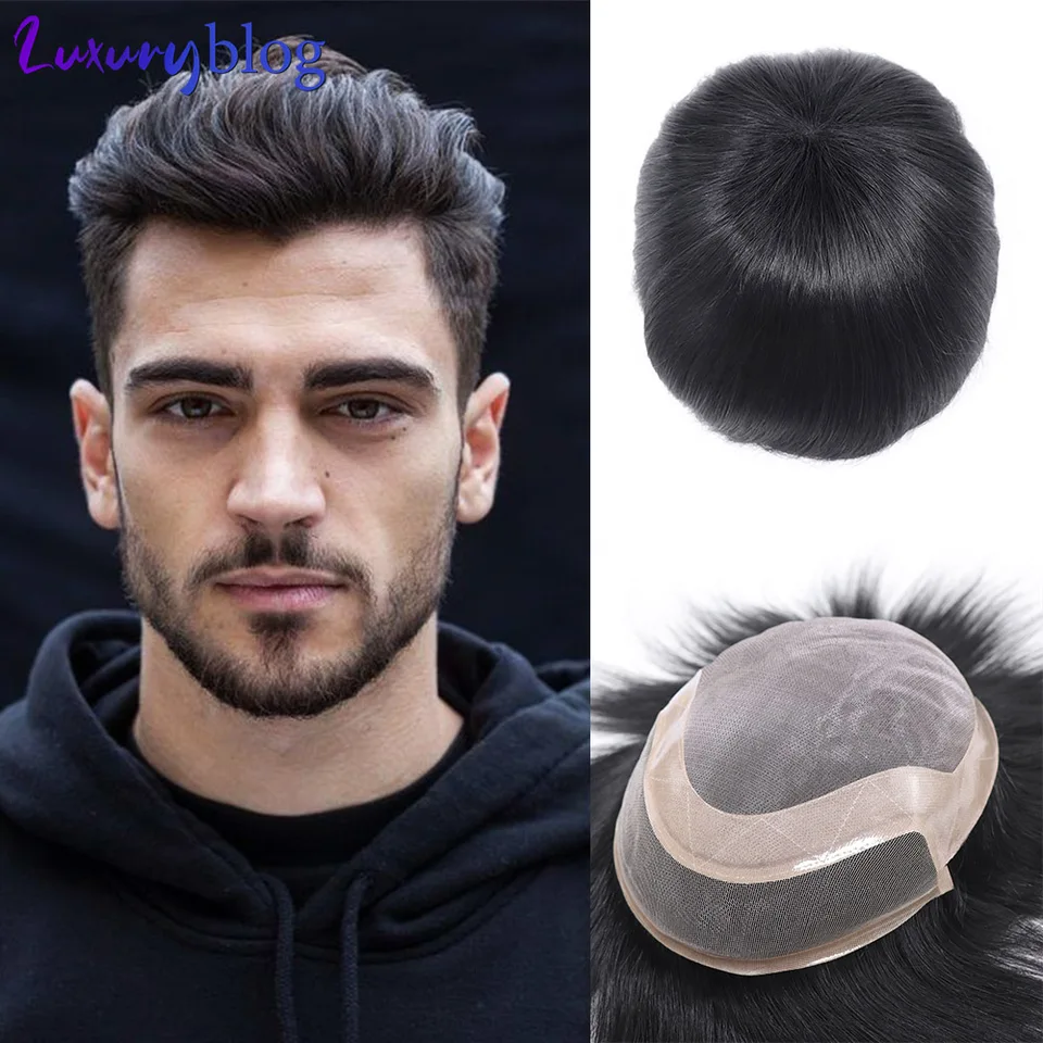 Ľudské vlasy toupee pre pánske parochňové vlasové protéza trvanlivé mono s NPU Výmena systému Lace Lace Front Male Wig Unit