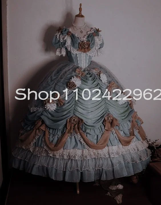 Šalvia zelená lolita rococo cosplay ples šaty s rukávom 3d kvetinové voláre RUCHED LACE princezná viktoriánske večerné šaty