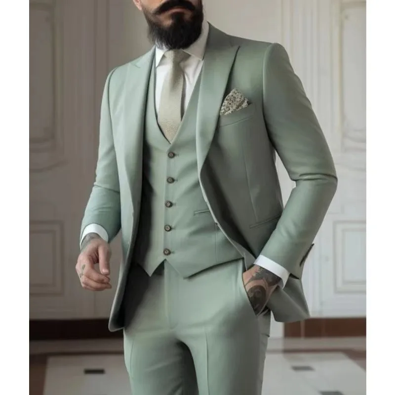 Šalvia zelená pánske 3 -dielne obleky (bunda+vesta+nohavice) Svadobný ženích Tuxedos promólové mužské večierky Blazers