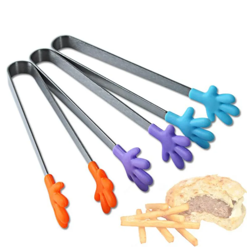 Šalát servírovanie BBQ Tongs z nehrdzavejúcej ocele rukoväť na rukoväti kreatívny ručný tvar kuchynské kuchynské náradie Mini silikónový klip