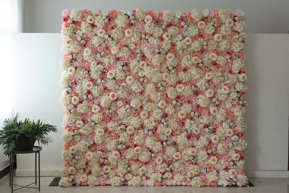 Šampanské Hydrangea Pink Rose Deluxe Edition Flower Wall 3D Roll Up Curtain Conting Wall Wall Outdoor Svadobné pozadie