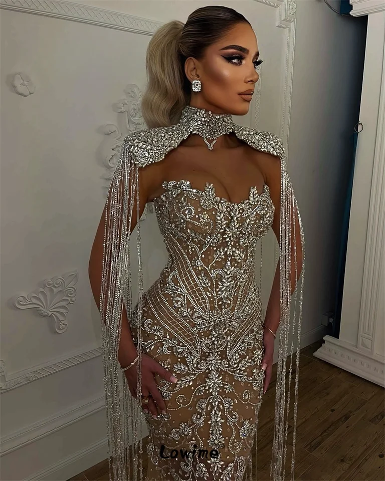 Šampanské večerné šaty Luxusné celebrity šaty 2 v 1 panná večierok Kryštály Tassel Prom Gowns Robe de Soiree Prispôsobené