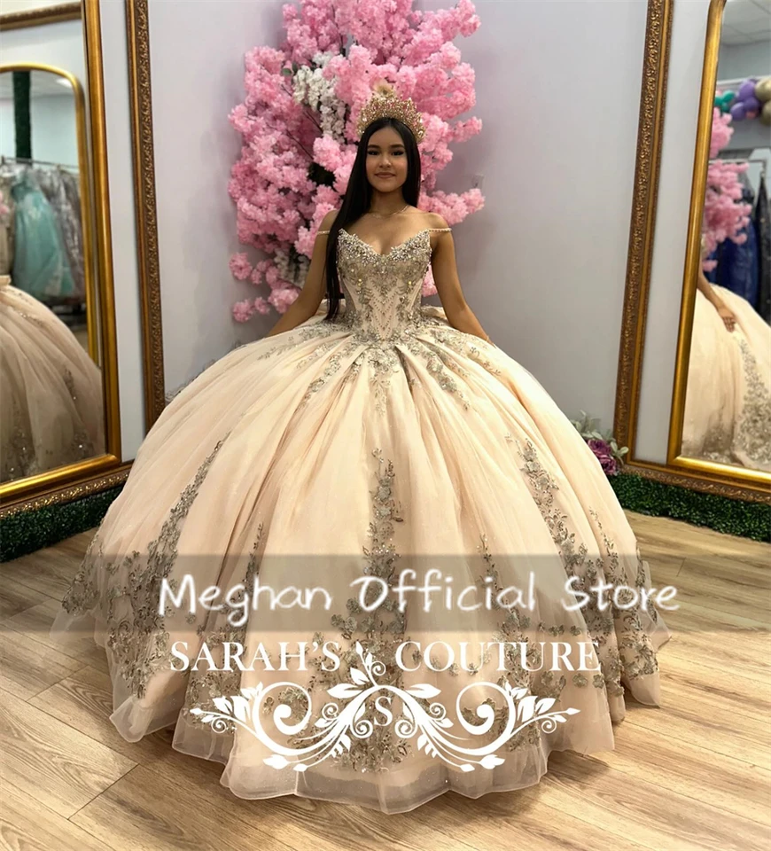 Šampanské zlatíčko Quinceanera šaty loptové šaty korálkové aplikácie 2025 narodeniny luxusné šaty promócie šaty sladké 16 Prispôsobené