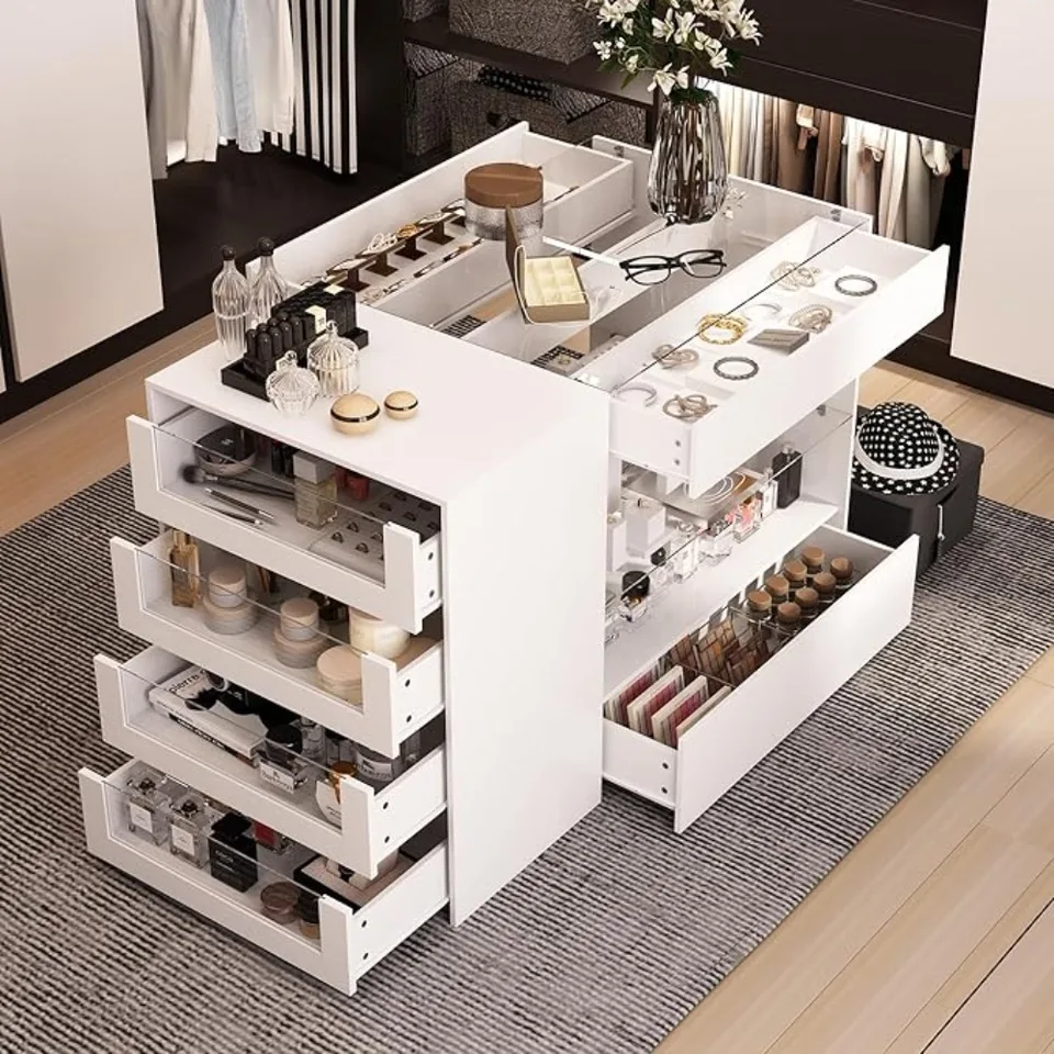 Šatnícka Armoire Bedroom Island, organizátor sklenenej tabuľky a úložného priestoru, šatníková skrinka so 7 zásuvkami a 2-stupňová polica