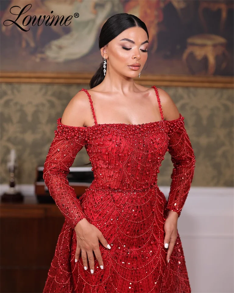 Šaty arabskej párty červené ťažké korálkové morské panny šaty 2025 prispôsobené večerné šaty s dlhým rukávom Vestidos de Fiesta celebrita