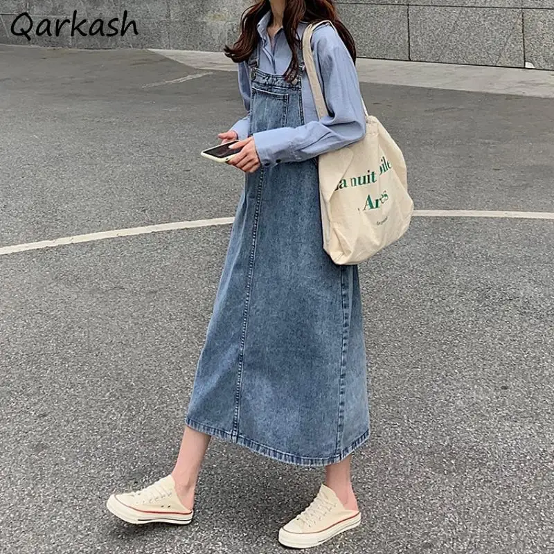 Šaty bez rukávov na vysokej ulici Ženy elegantné džínsové vrecká Harajuku A-line voľný pás