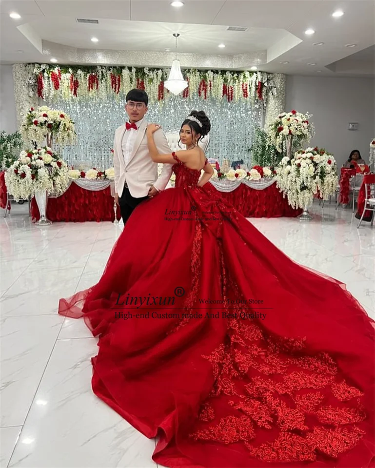 Šaty mexického červeného lopty quinceanera šaty s aplikáciami čipkované flitry narodeniny sladké 16 plášťov princezná Vestidos de 15 xv años
