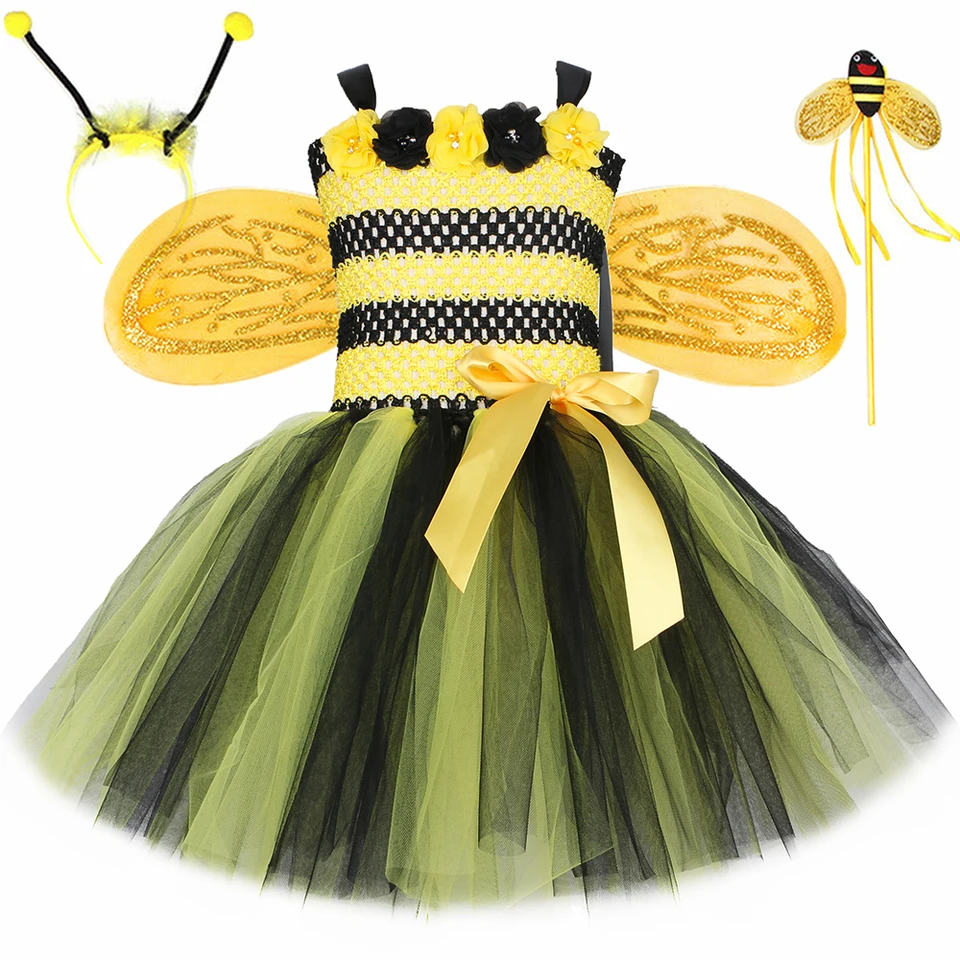 Šaty pre dievčatá pre dievčatá Halloweeen Cosplay kostým Tylové kvety Detské sviatočné večierok Honeybee Fairy Fancy Dress Up Outfit