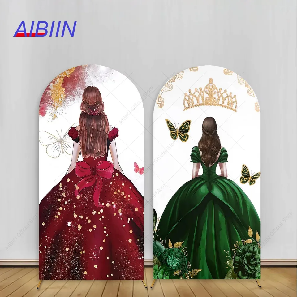 Šaty princezná oblúk pozadie kryt Butterfly quinceanera 15. dievča narodeninové oslavy dekor elastický koláč Photozone pozadie