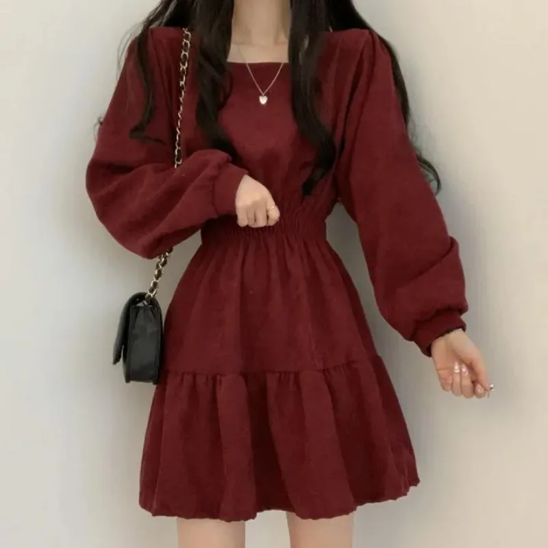 Šaty s dlhým rukávom Ženy Jeseň Vintage Temperament A-line tunika Móda All-Match Vestidos Kórejský štýl Simple Solid Cozy Mini