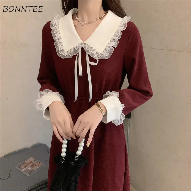 Šaty s dlhým rukávom Ženy Peter Pan Collar Spring Patchwork francúzsky retro elegantný tunickú tuniku strednú kálu College All-Match Vestidos Chic