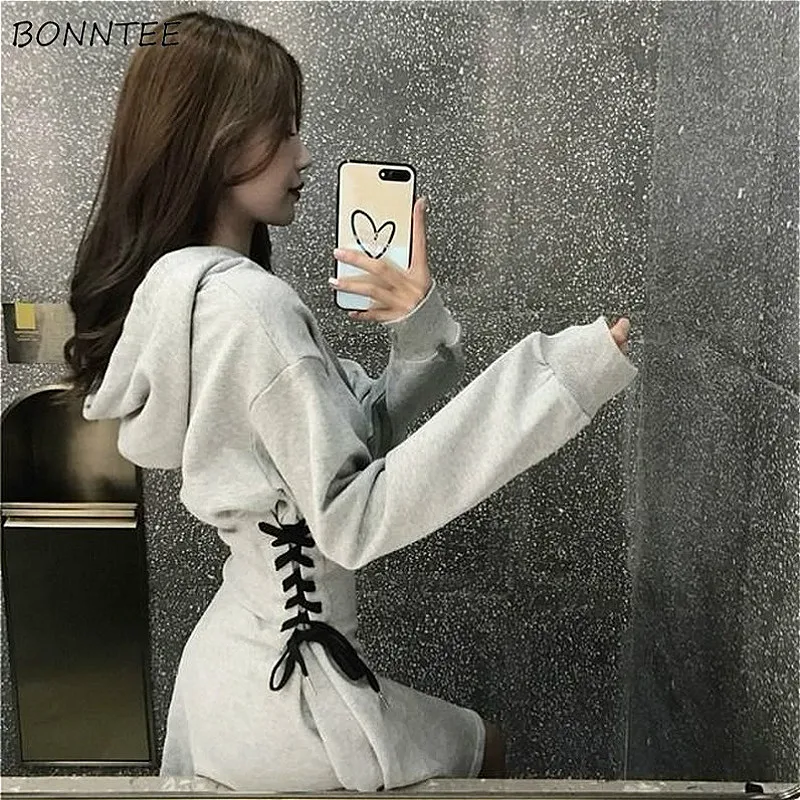 Šaty s dlhým rukávom Ženy sivé elegantné štíhle populárne štýlové štýlové stretnutie Ins Criss-Cross Mini Vintage Solid Hooded Empire Jar Daily