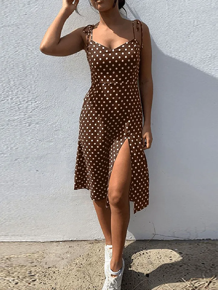 Šaty Sundress Summer Women Causal Polka Dot Dot bez rukávov Vysoko skladaný elastický pás V-Neck Beach Dress Vestidos de Verano