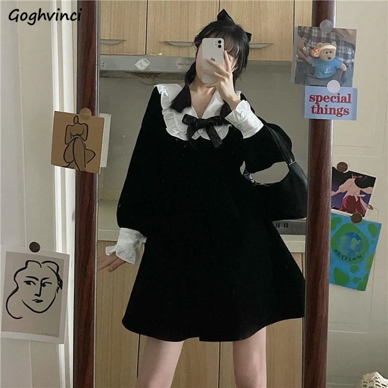 Šaty ženy motýľový rukáv Peter Pan Collar Black Mini Kórejský preppy sladký štýl roztomilý romantický ročník Lolita Streetwear Daily