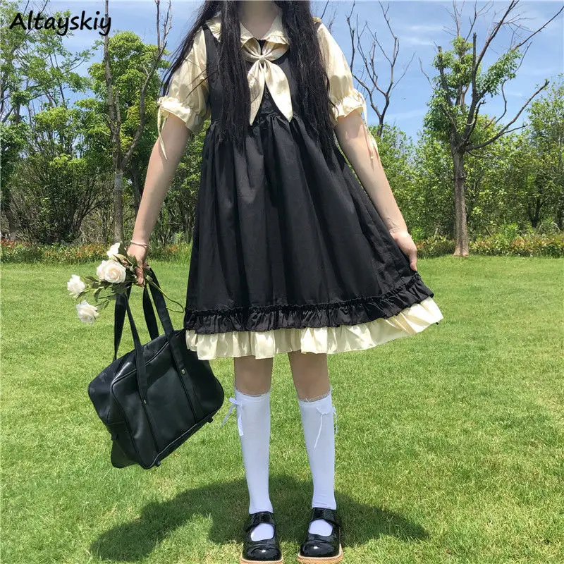 Šaty ženy preppy kawaii japonský štýl luk patchwork lolita sladký majer jar dizajn populárny módny módny mäkký voľný čas