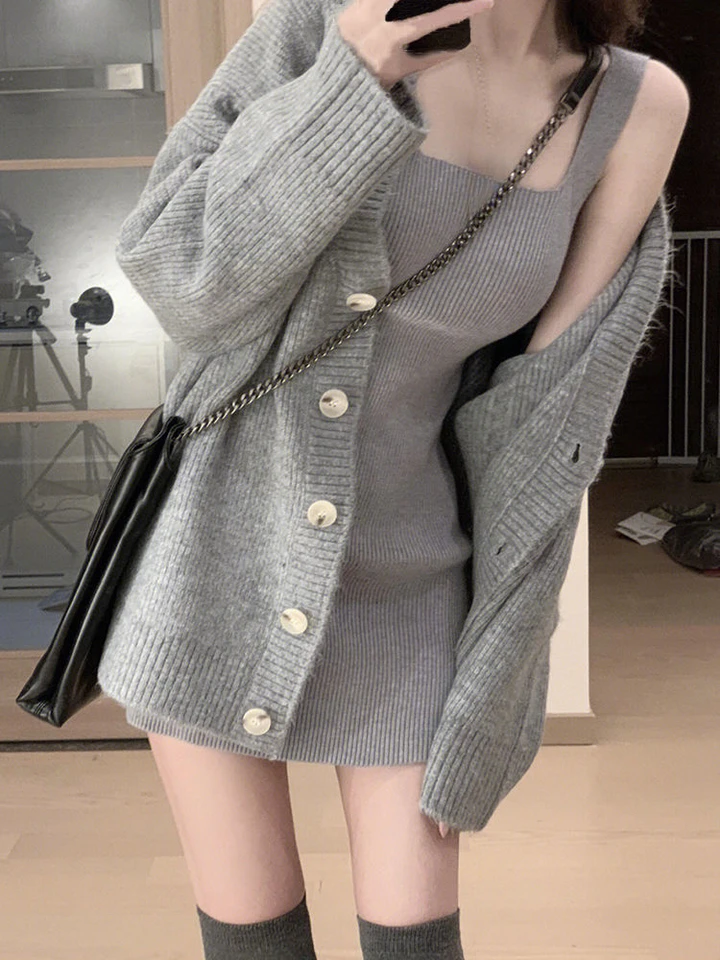 Šedá 2 -dielna šaty Dámske ležérne subjekty s dlhým rukávom Mardigan + Bodycon Slap Sweater Dress Evening Party Pleted Suit 2023AUTumn
