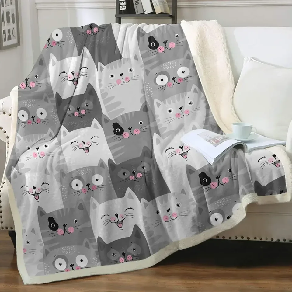Šedá a biela mačka prikrývka plyšový plyšový flanel hodí prikrývka pre pohovku na pohovku super mäkká prikrývka spálne TV
