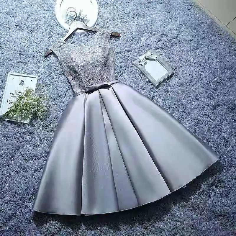 Šedá juniorská domáca párty šaty elegantné flitrované čipky lacné dámske v back ples šaty saténové družičky
