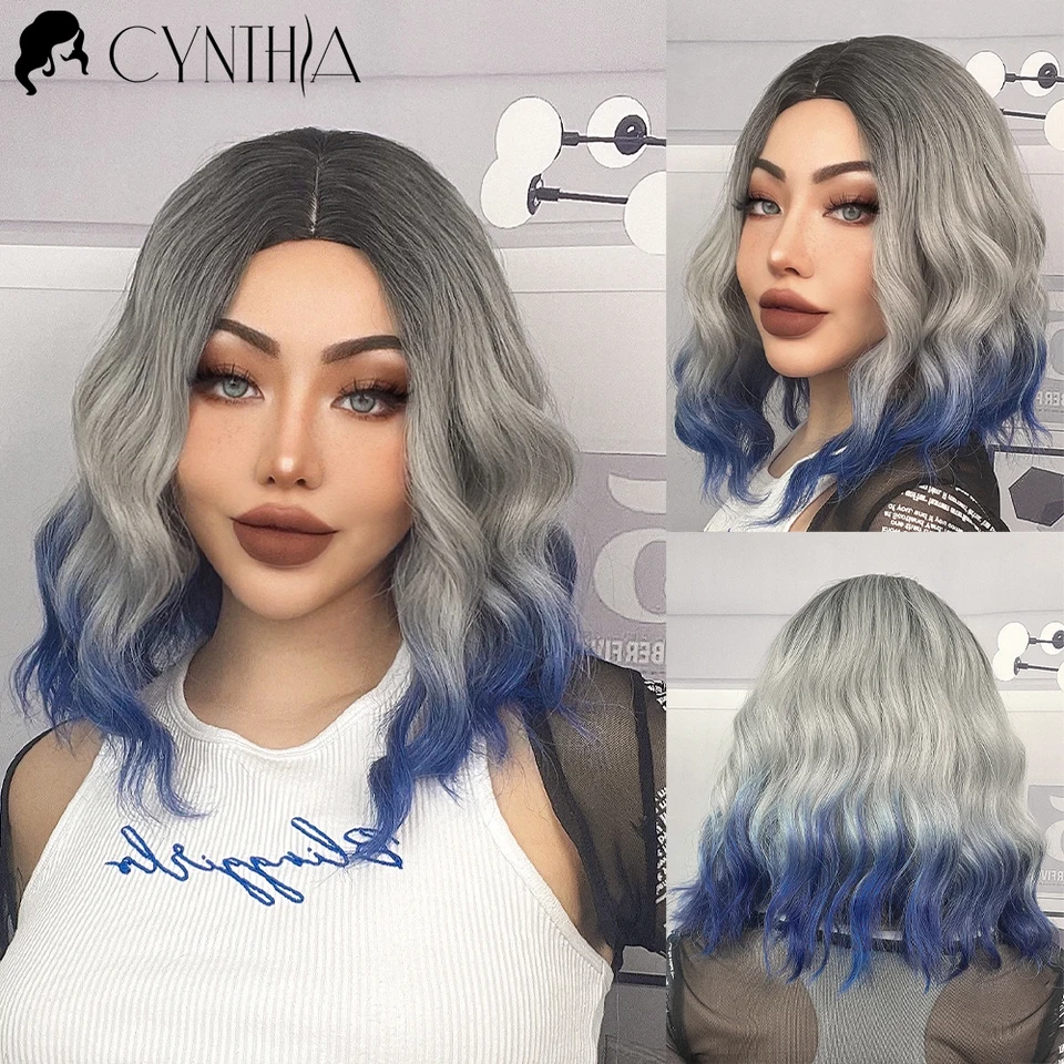 Šedá ombre modrá krátka bobová syntetická parochňa sfarbená vodná vlna Vlasy Vlasy pre ženy cosplay lolita denne tepelne odolné prírodné vlasy