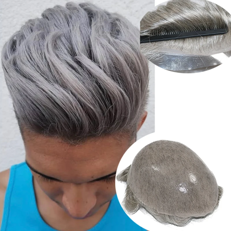 Šedá čierna #1B80 #1B40 #1B65 Mens Toupee V Loop tenká pokožka