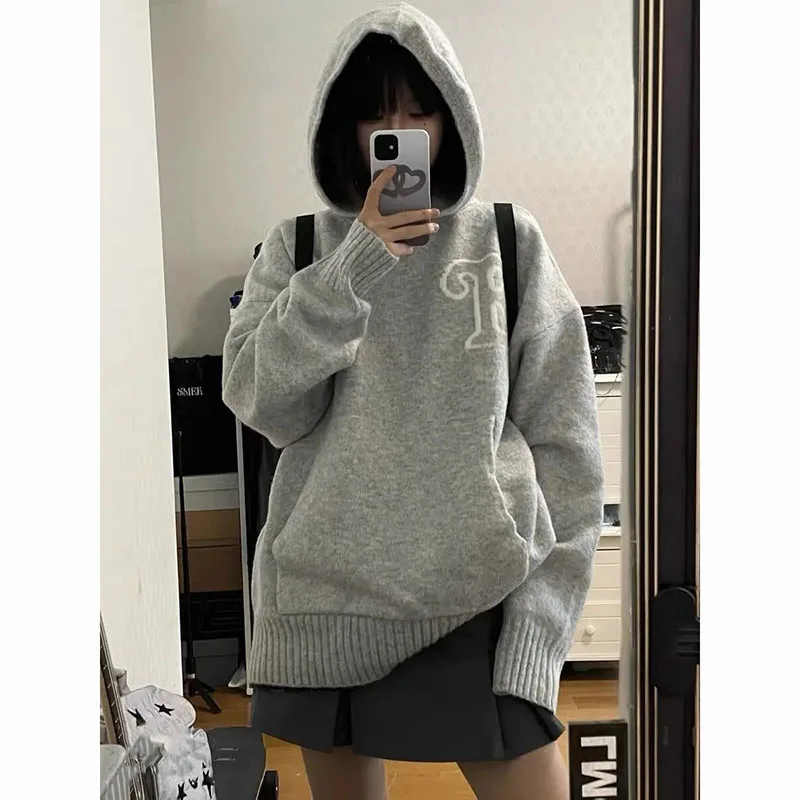 Šedý list grafický miklý sveter Ženy y2k jeseň voľný Kórejský teplý pletený mikina bf Streetwear Nadmerná nadmerne zápas.