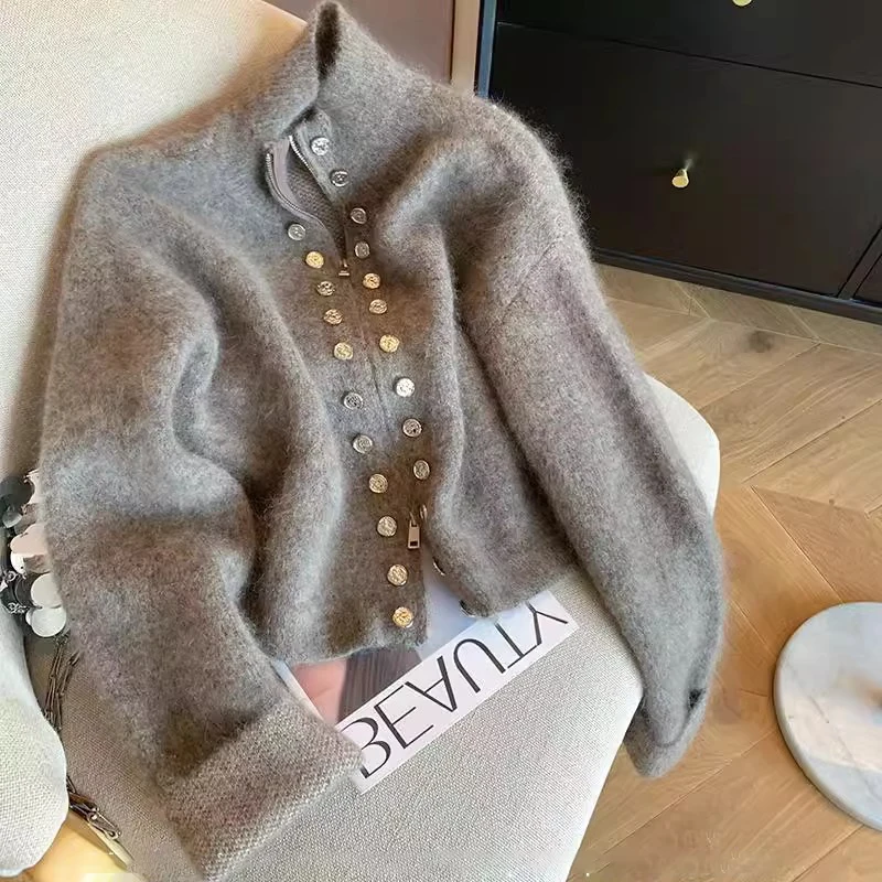 Šedý vintage sveter sveter pre ženy jeseň Nový vysoký golier dvojité pletené pletené plášte