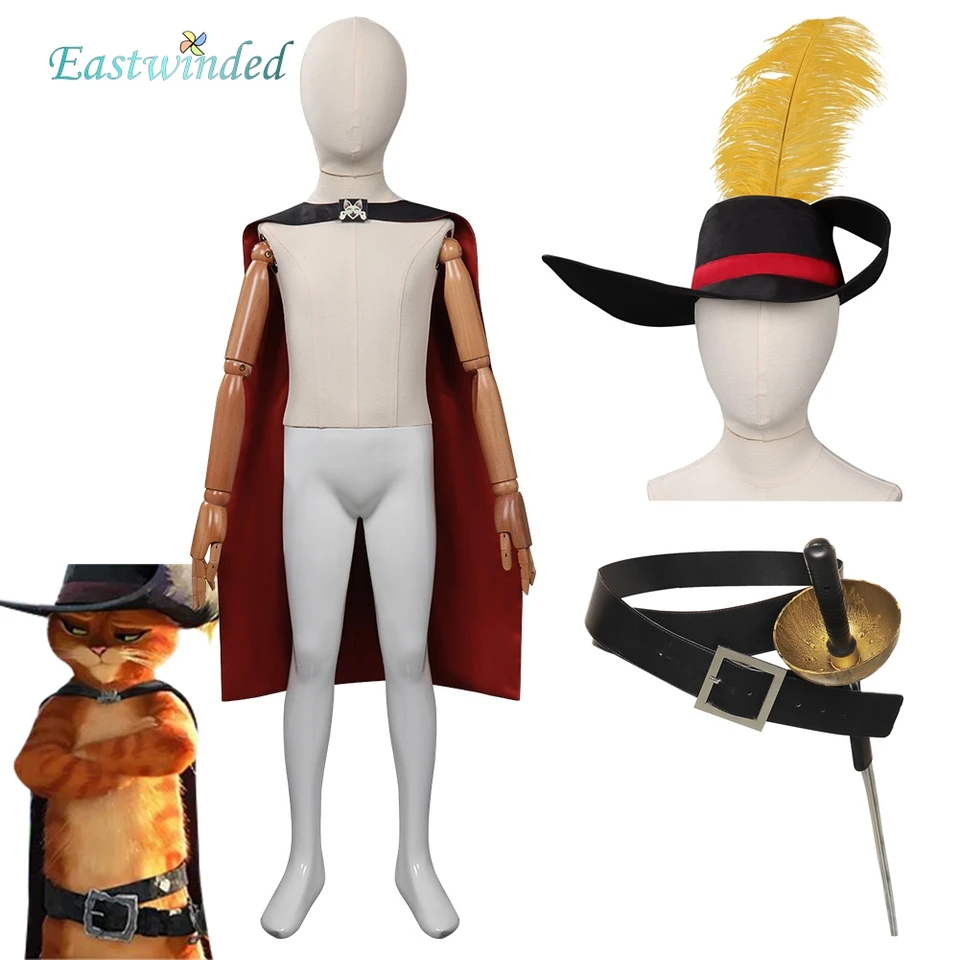 Šermiar pre mačku maskuje mačku v topánkach v oblek cosplay chlapci plášťový klobúk v topánka