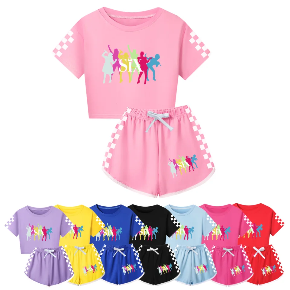 Šesť hudobných odevov Set Girls Summer Kids Midriff-Baring T košeľa +nohavice 2-dielne súpravy detské oblečenie športové oblečenie pyžamá