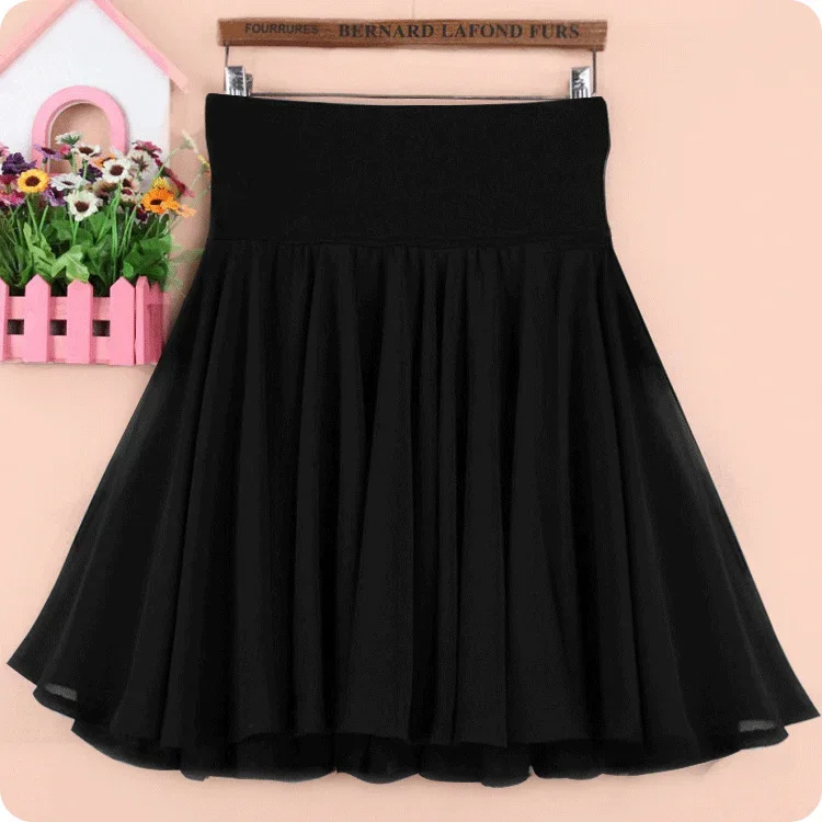Šifón čierny krátky štíhle v letnej nadmernej veľkosti Elastic Elastic High Was A-Line Faldas Módne oblečenie pre ženy sukne