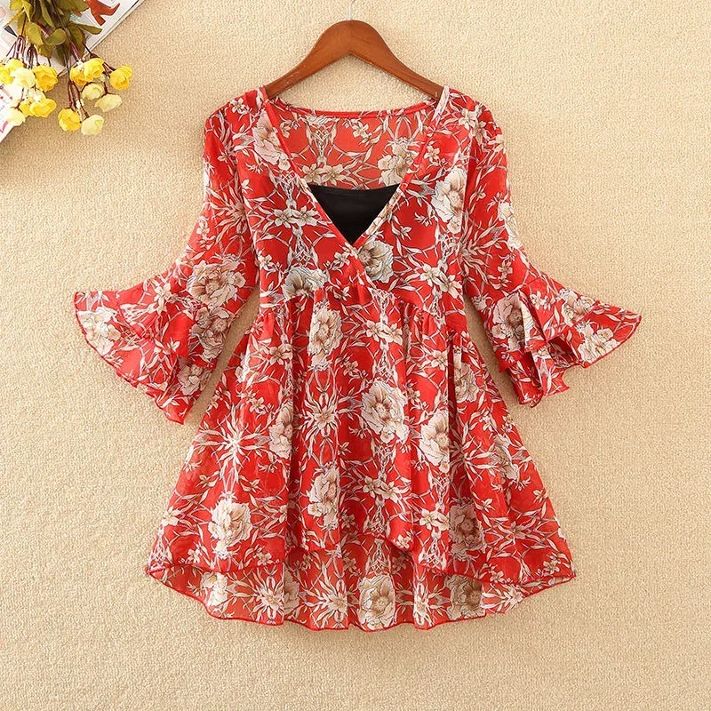 Šifónová blúzka TPS Floral Kimono Boho Ruffle košeľa Dámske topy a blúzky Kórejské harajuku oblečenie Camis K33