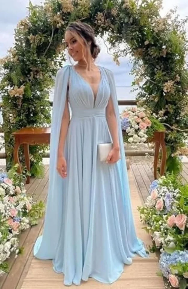 Šifónová matka nevesty šaty bez rukávov dlhé družičky Družičky skladané v krku backless Formálne večerné večierky s plášťom