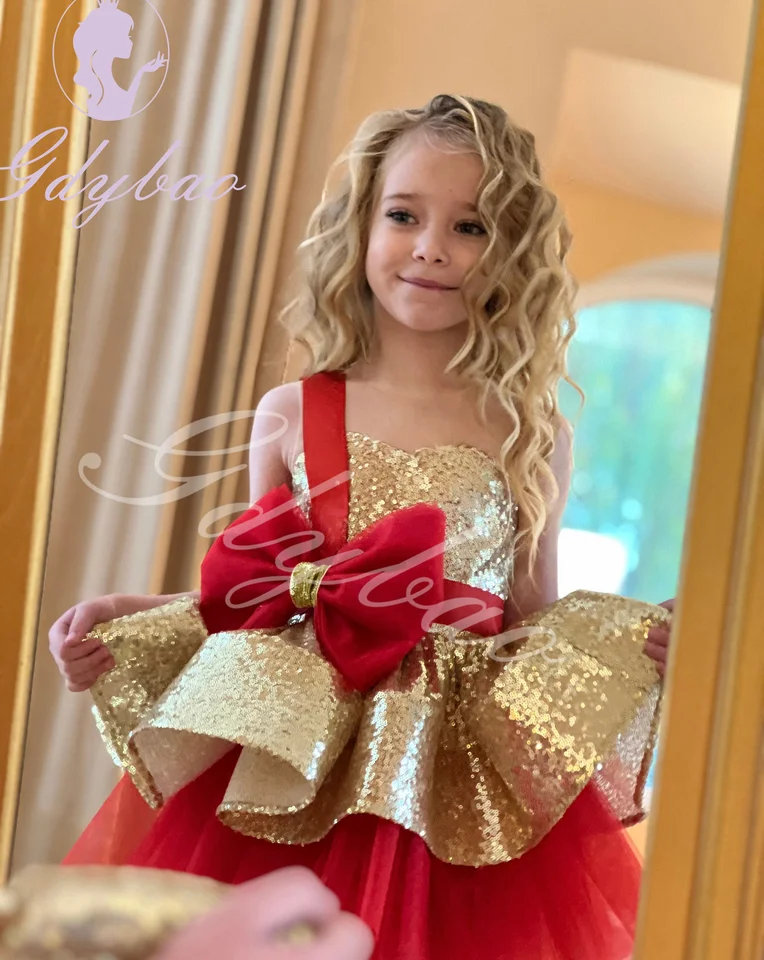 Šikujúce zlaté kvetinové šaty na svadobný tyl Tulle Puffy Dĺžka kolena s lukom detí narodeninové oslavy Chritmas Photoshoot šaty