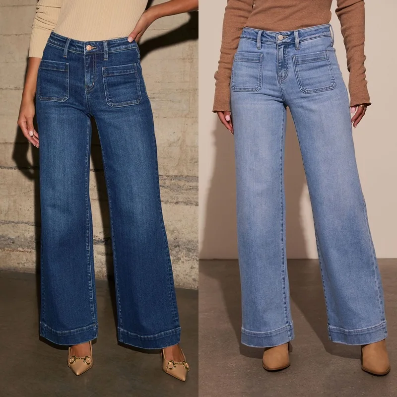 Široké nohavičky Ženy džínsy denimové dlhé nohavice Rovné nohavice vintage gombíkové vrecko modrá jednoduchá voľná voľba y2k s vysokým pásom streetwear