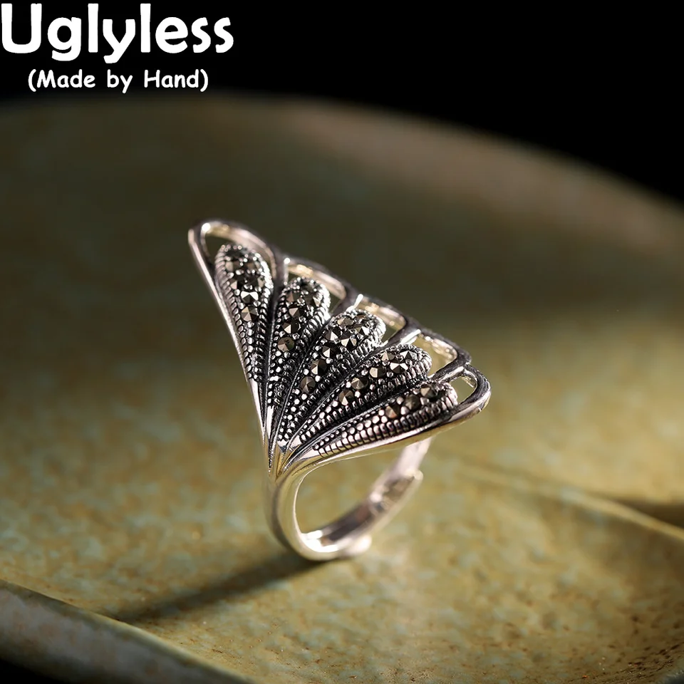 Škaredé vinobranie markasitské krúžky pre ženy široké duté thajské strieborné prstene Real 925 Sterling Silver Personalizované šperky retro