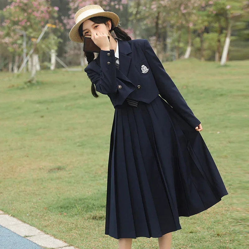 Školská uniforma pre ženy pevná farba s dlhým rukávom JK Suit Coats Nové kravaty košeľa Sling Pleat sukne College Style Formálne oblečenie