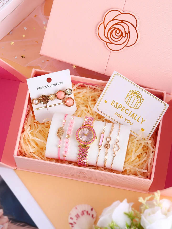 Školské dievča Pink Quartz Watch and Hairpin Náramok na karty magnetu o darčekovom súprave pre výber sezóny