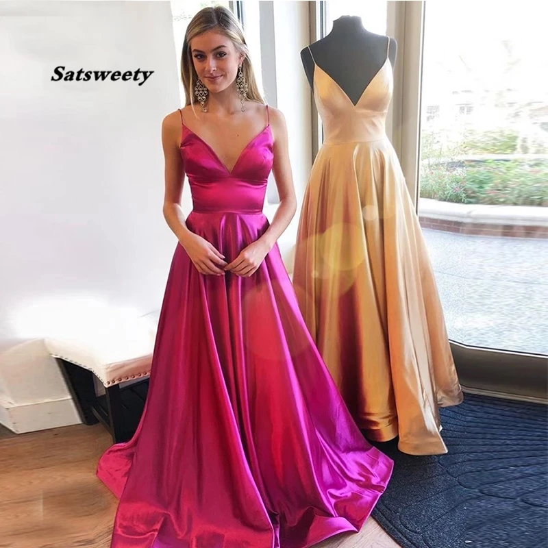 Špagety popruhy Fuchsia Gold Prom Dayses V-krk Jednoduché formálne večerné večierky Sweep Sweet Train Dlhá špeciálna príležitosti šaty