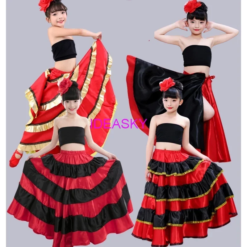 Španielske kostýmy Dievčatá dlhé červené flamenco štýl šaty slzová sukňa pre dievčatá Dieťa Čierne tanečné šaty kostýmy pre deti oblečenie