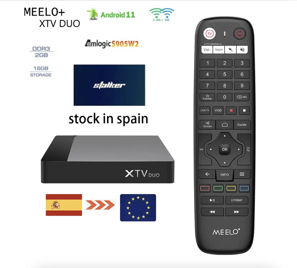 Španielsko Stock meelo plus xv duo dekodér Stalker xtream codes Amlogic S905W2 2G 16G 4K TV box Dual WiFi Android 11 AV1 HDR BT
