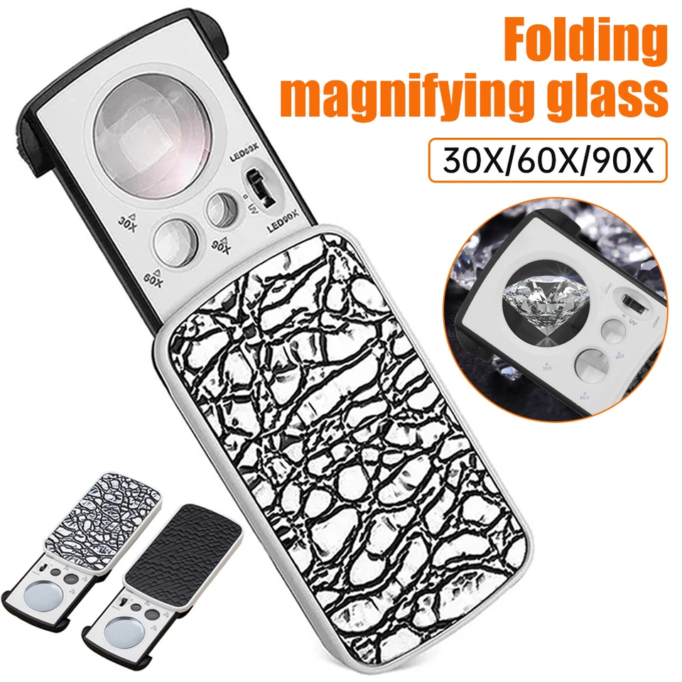 Šperky Loupe Lupe s LED UV svetlom 30x 60x 90x klenotnícke okuliare Eye Eye Goding Glass pre GEMS Stamps Coins hodinky starožitnosti starožitnosti